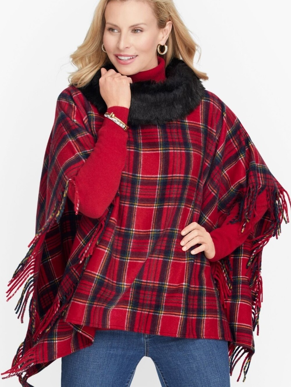 Talbots Red Fringe Faux Fur Collar Ribknit Cowlneck Poncho - Tartan Plaid